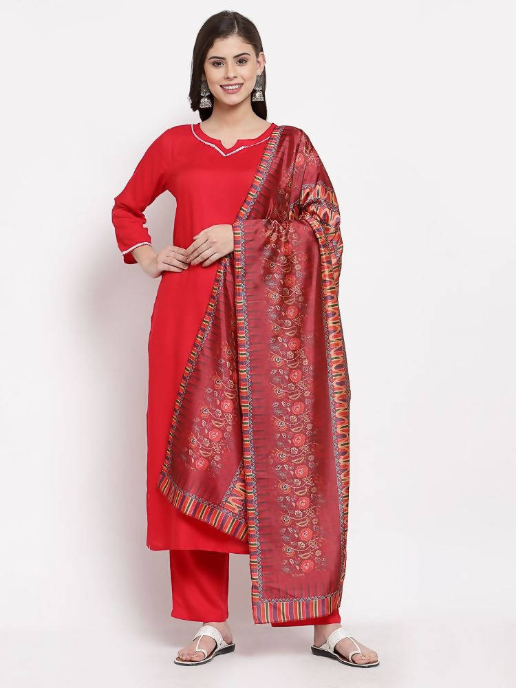 Myshka Women's Latest Red Cotton Solid 3/4 Sleeve Square Neck Casual Kurta Pant Dupatta Set | Grab2Buy