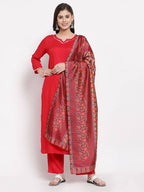 Myshka Women's Latest Red Cotton Solid 3/4 Sleeve Square Neck Casual Kurta Pant Dupatta Set | Grab2Buy