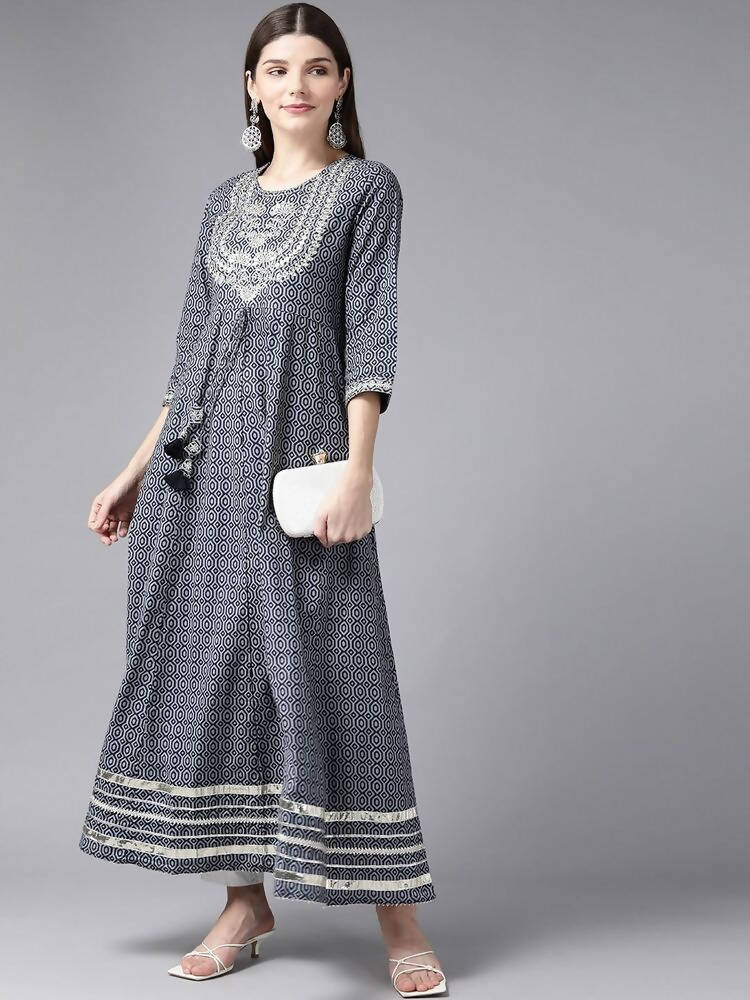 Yufta Women Grey Geometric Printed Mirror Work Kurta | Grab2Buy