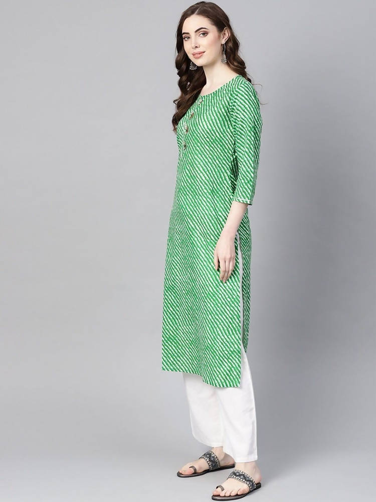 Yufta Women Green & Off-White Leheriya Dyed Straight Kurta | Grab2Buy