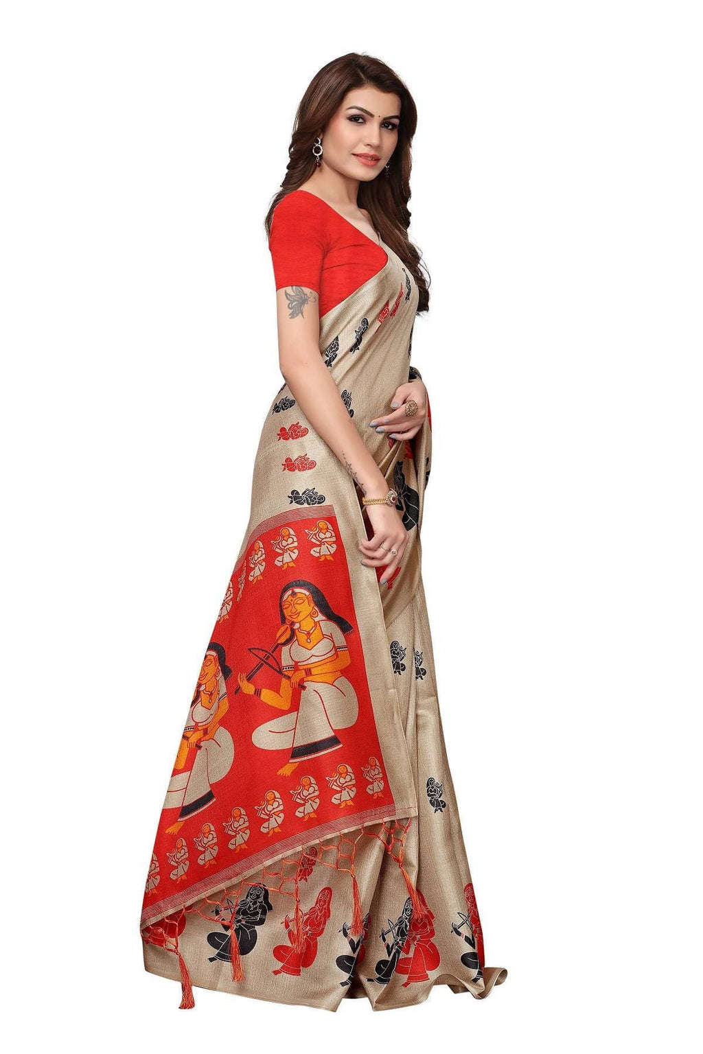 Vamika Chiku & Red Kalamkari With Jhalar Khadi Silk Saree | Grab2Buy
