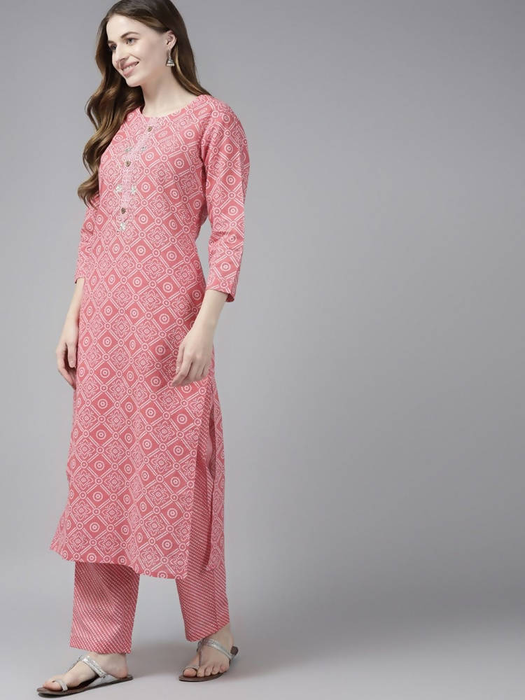 Yufta Women Pink Printed Regular Pure Cotton Kurta with Palazzo and Dupatta | Grab2Buy