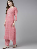 Yufta Women Pink Printed Regular Pure Cotton Kurta with Palazzo and Dupatta | Grab2Buy