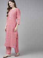 Yufta Women Pink Printed Regular Pure Cotton Kurta with Palazzo and Dupatta | Grab2Buy