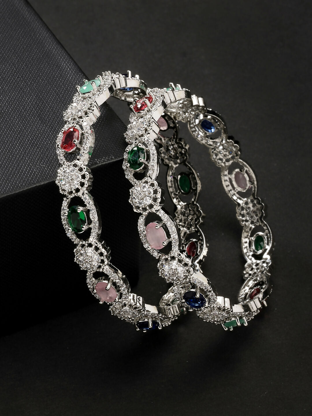 NVR Women's Set of 2 Multi-Coloured CZ Stone-Studded Handcrafted Bangles | Grab2Buy