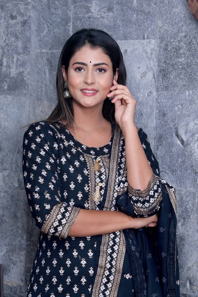 Vamika Navy Blue Gota Patti Work Rayon Party And Casual Wear Kurta Set | Grab2Buy
