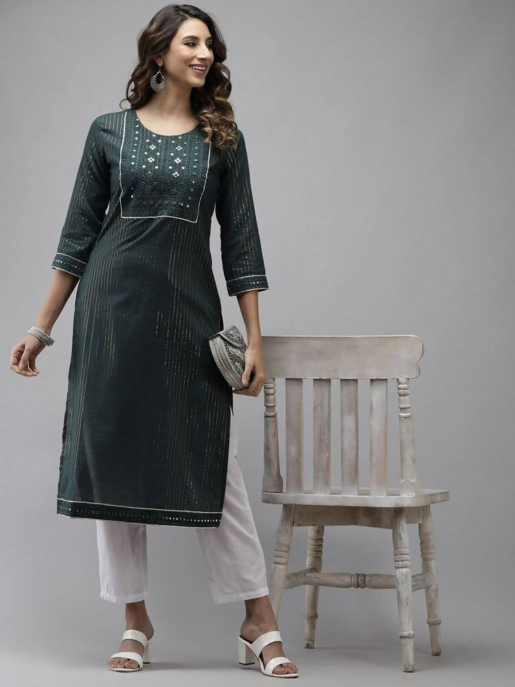 Yufta Women Green Yoke Design Mirror Work Cotton Kurta | Grab2Buy