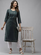 Yufta Women Green Yoke Design Mirror Work Cotton Kurta | Grab2Buy