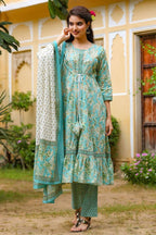Yufta Blue Printed Tiered Kurta with Trouser and Dupatta | Grab2Buy