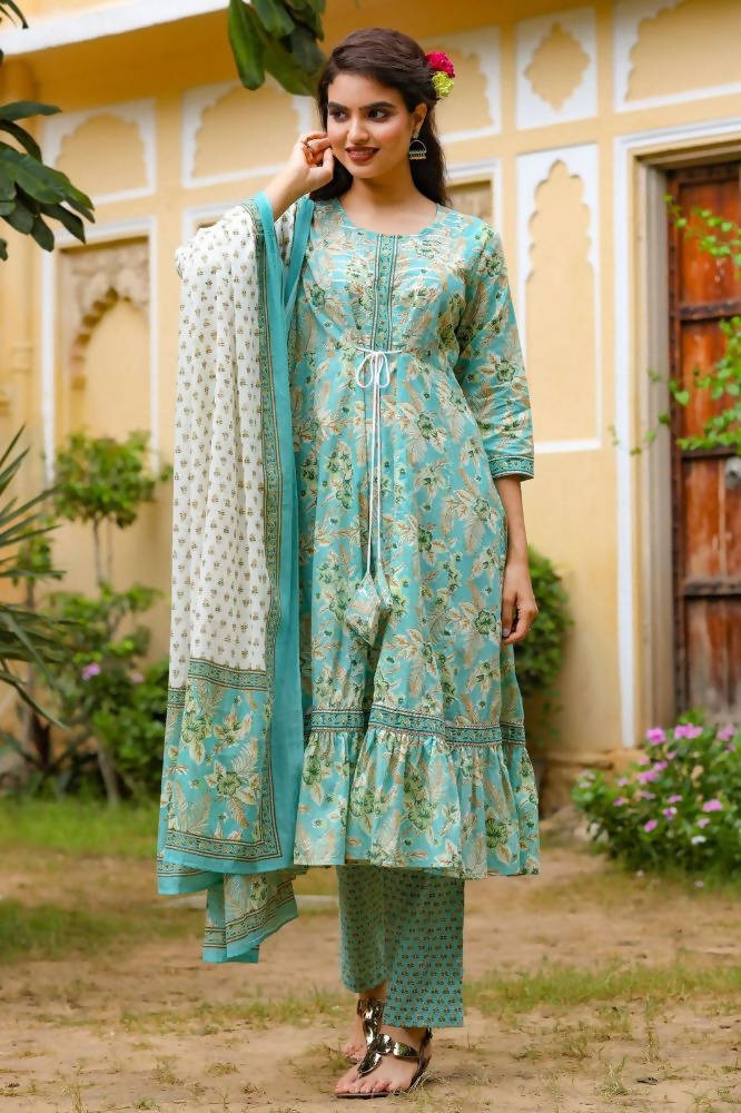 Yufta Blue Printed Tiered Kurta with Trouser and Dupatta | Grab2Buy