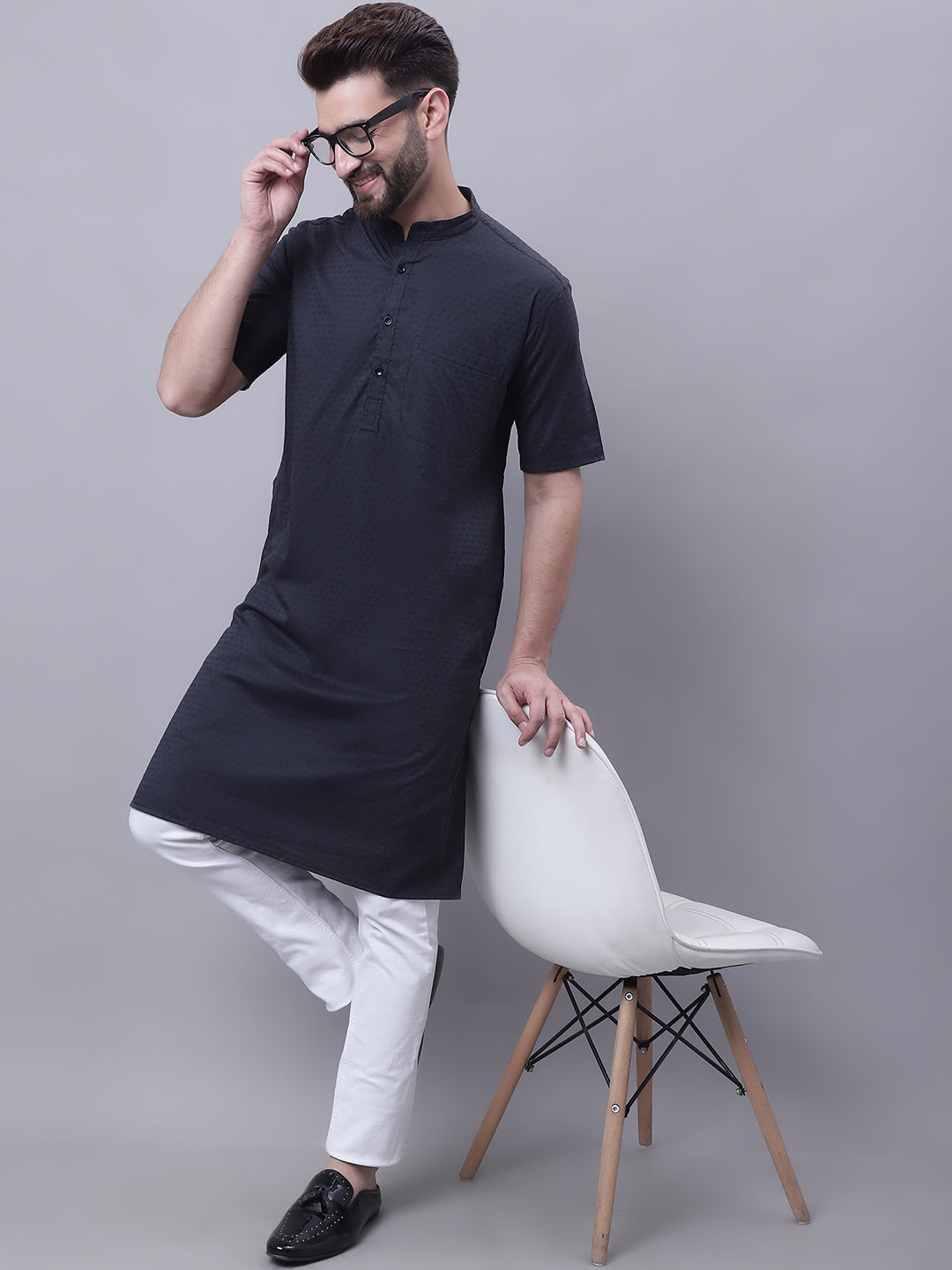 Even Apparels Black Pure Cotton Short Sleeves Kurta With Band Collar | Grab2Buy