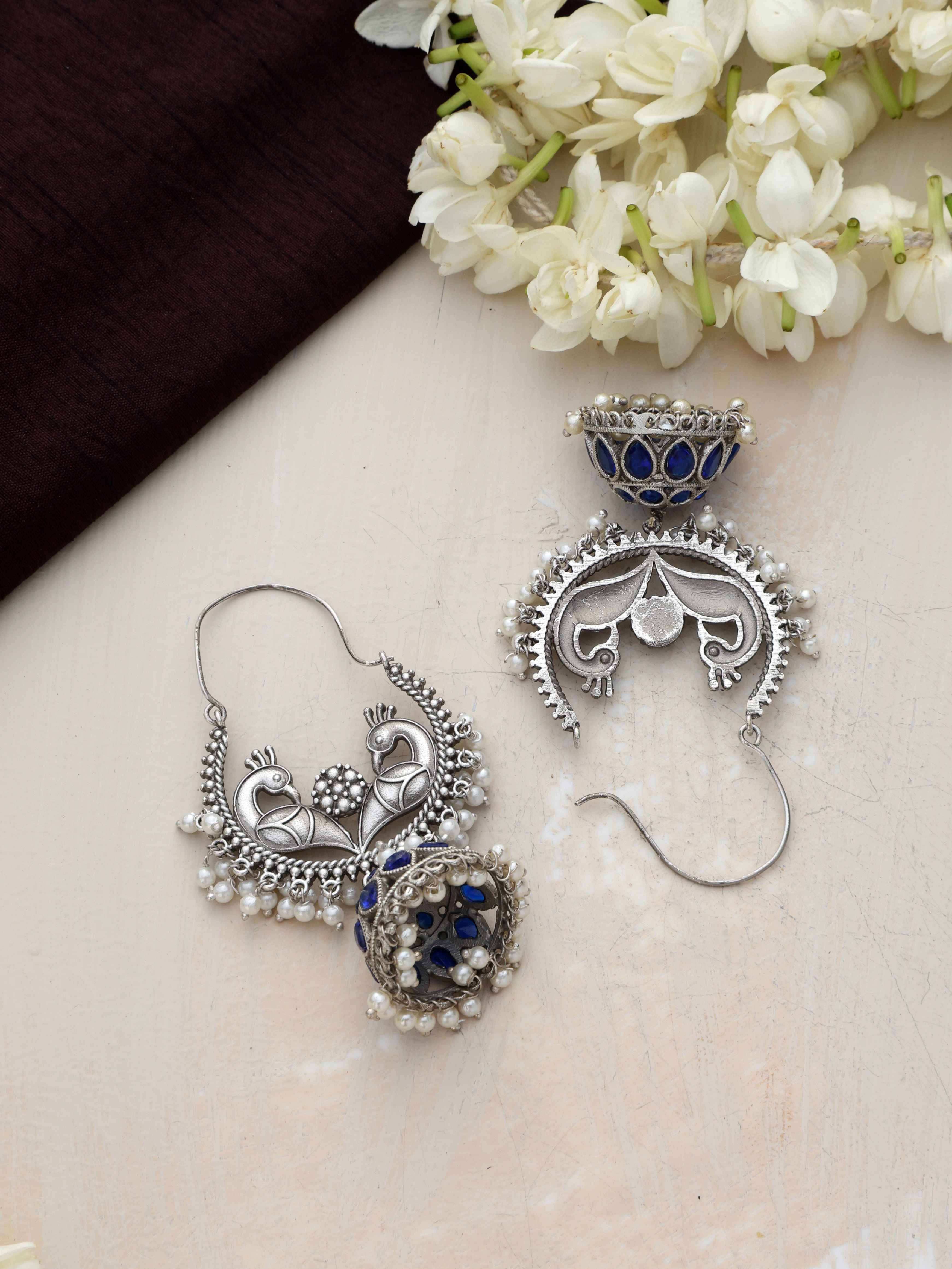 trueBrowns Silver Tone Peacock Jhumka Earrings | Grab2Buy