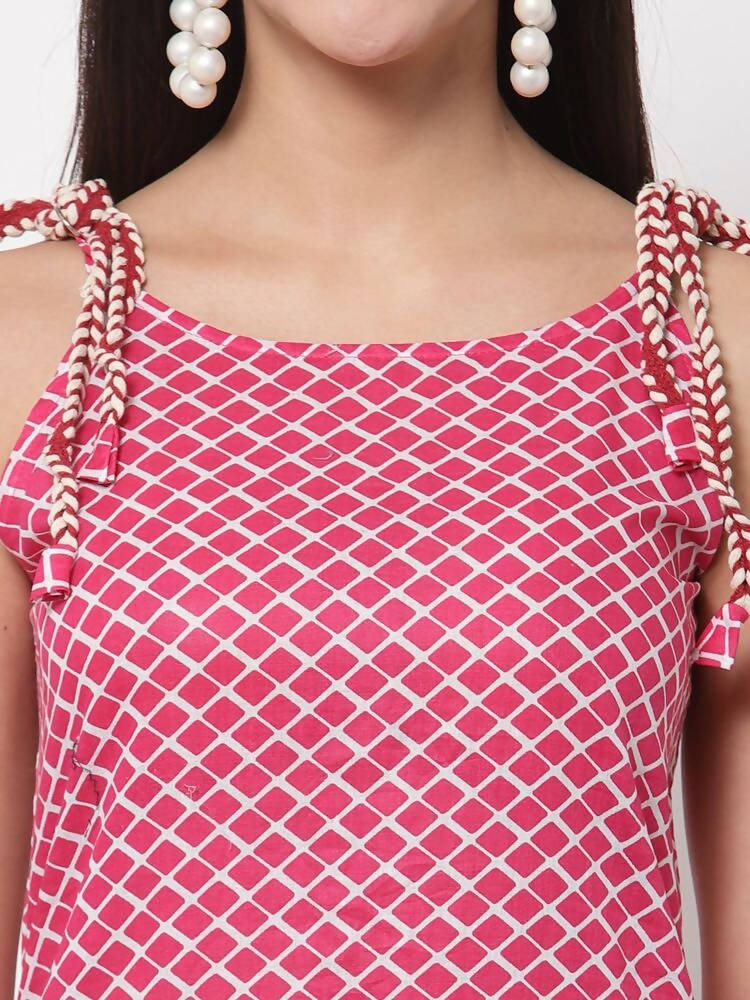 Myshka Women's Pink Printed Sleeveless Cotton Round Neck Dress | Grab2Buy
