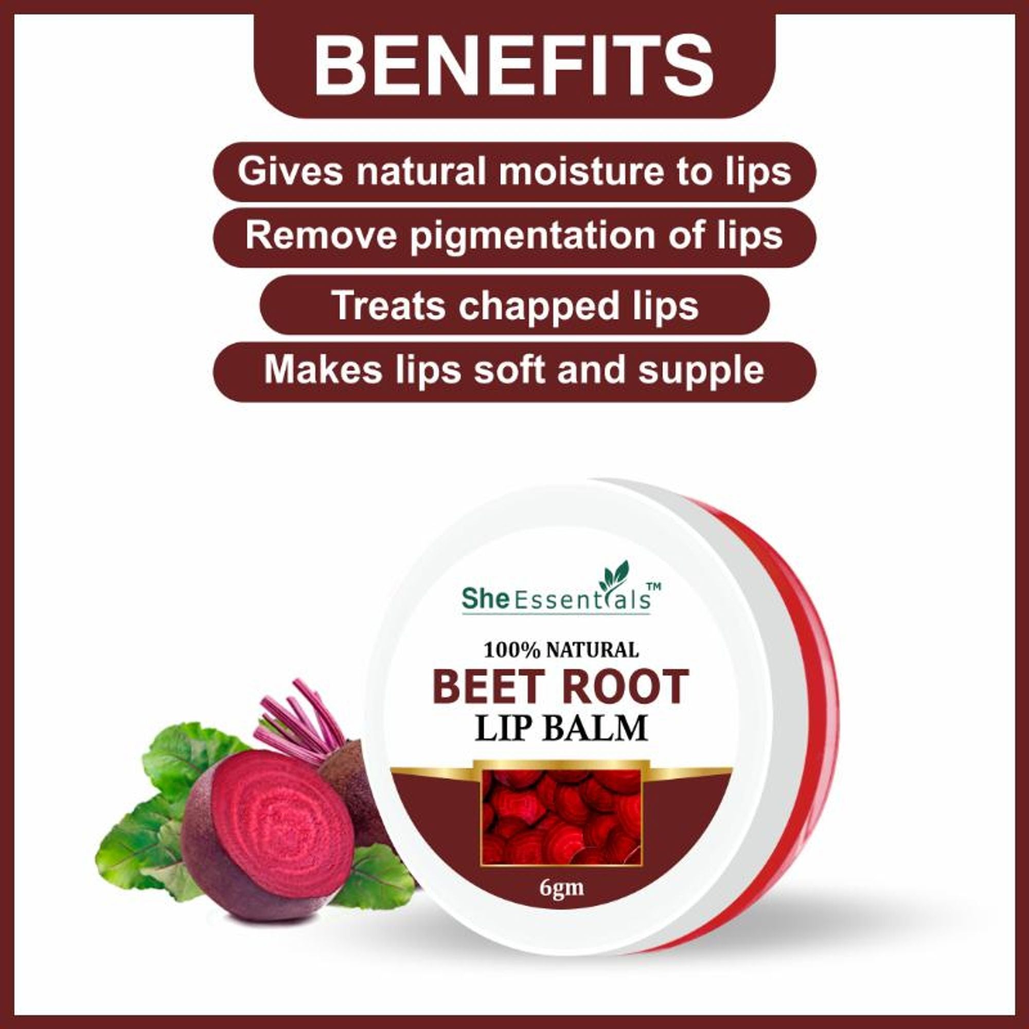 She Essentials Beetroot Lip Balm For Lip Lightening, Dry & Chapped Lips, Makes Soft & Glossy Lips | Grab2Buy