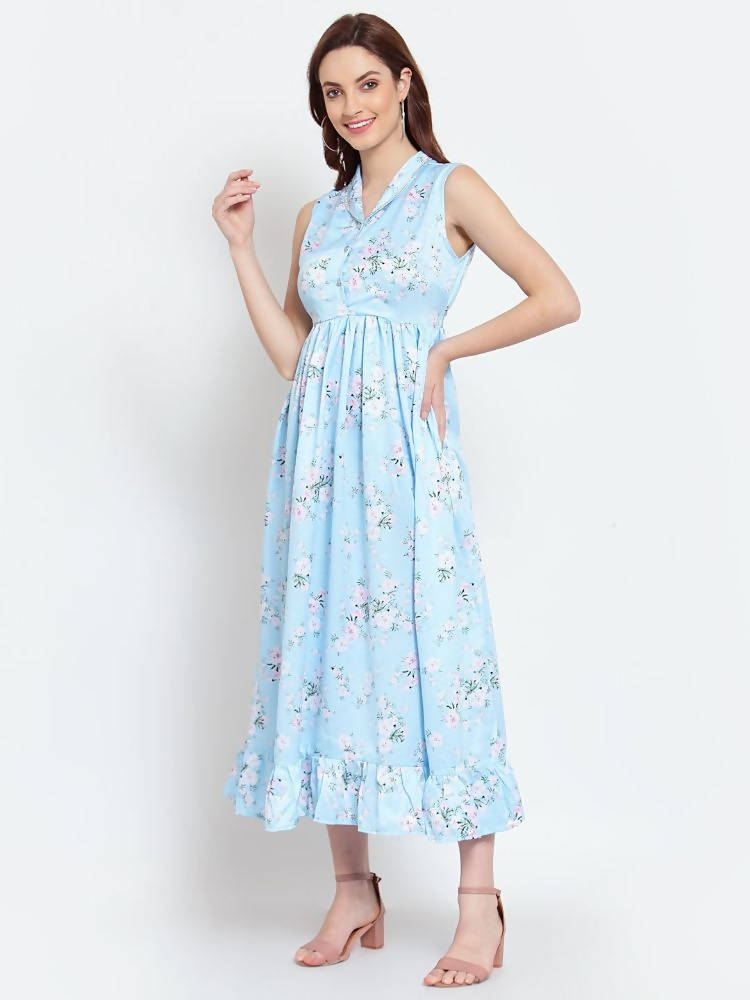 Myshka Women's Sky Blue Printed Cotton Blend Sleeveless Coller Casual Dress | Grab2Buy