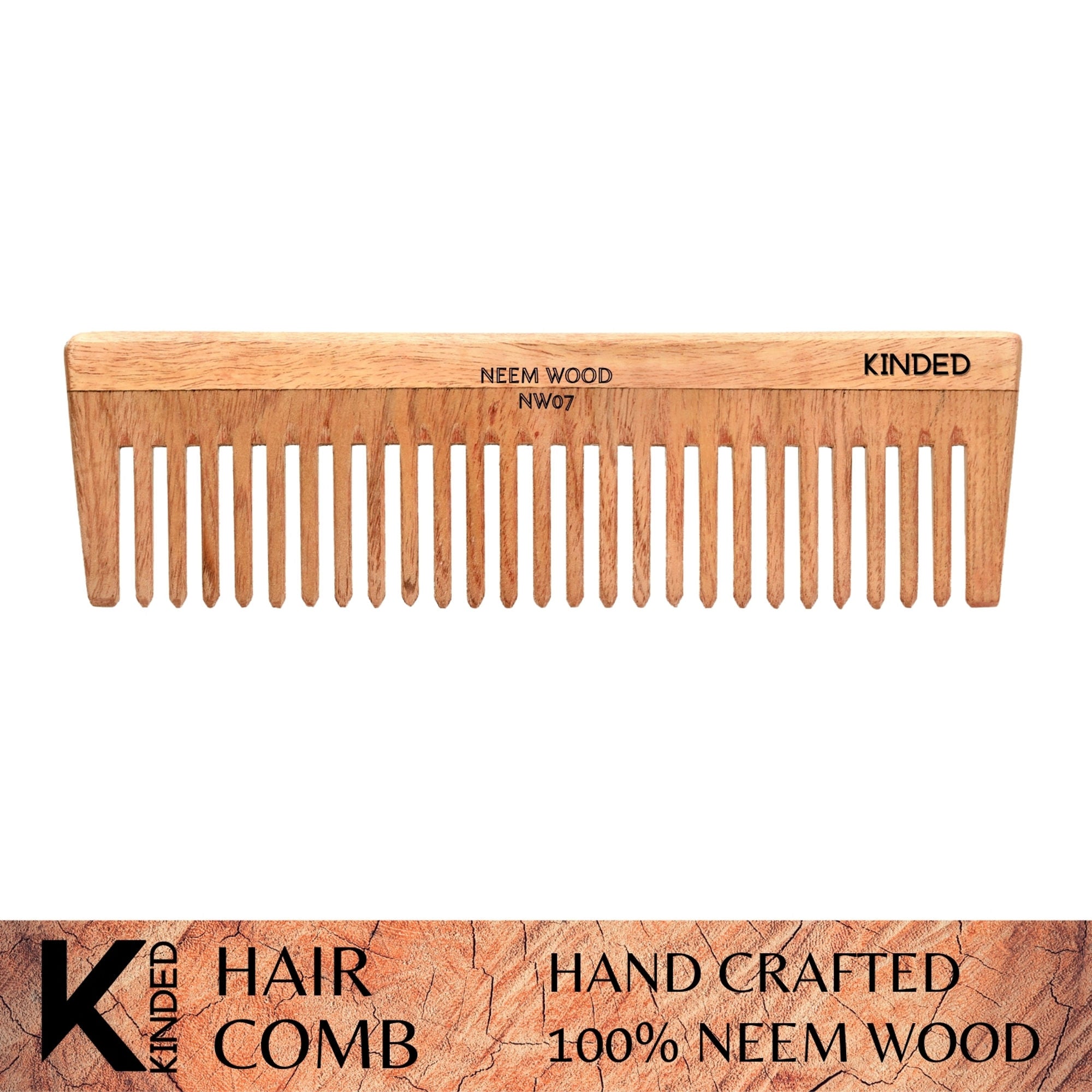 KINDED Handmade Oil Treated Wooden Hair Comb - Neem Wood NW07, Wide Tooth | Grab2Buy