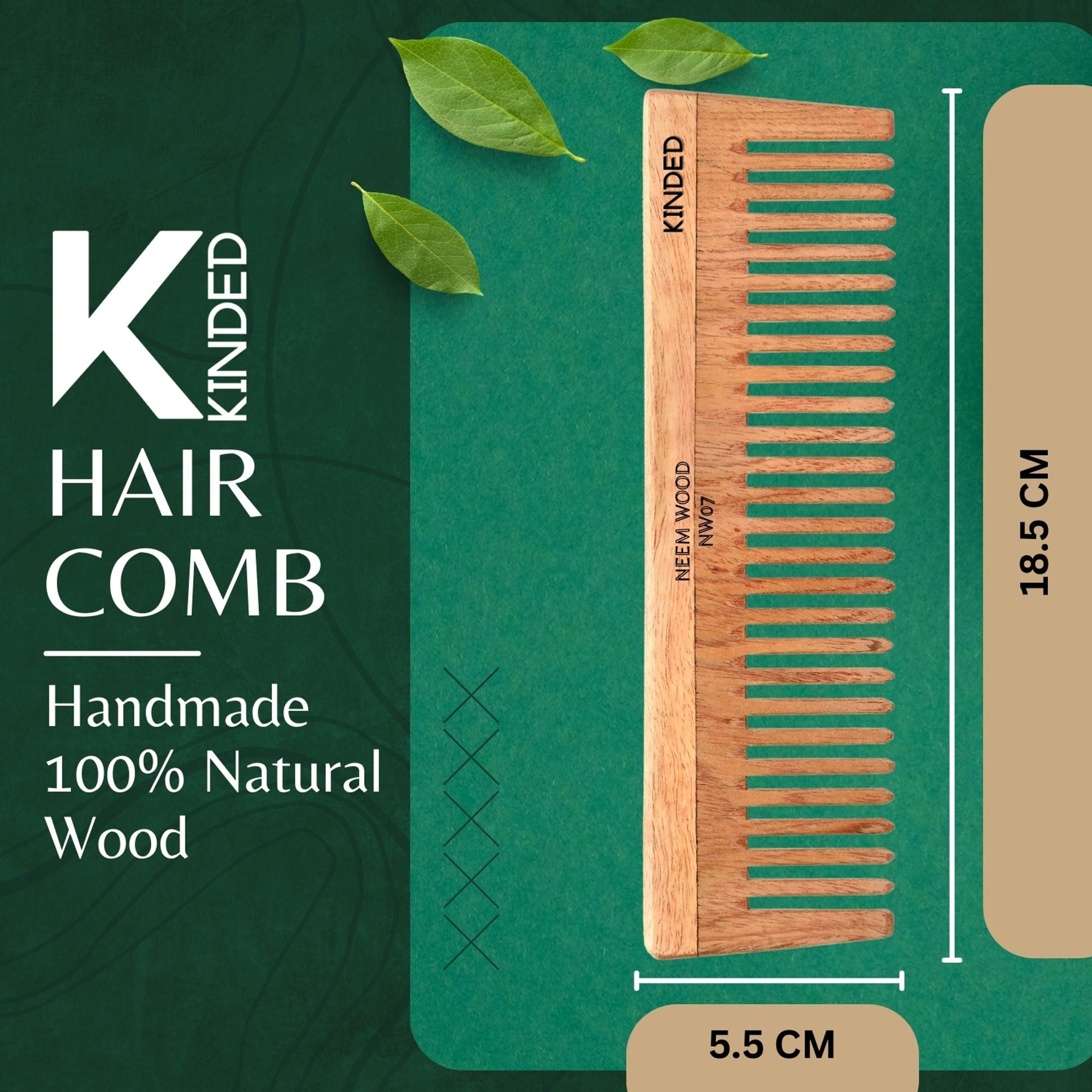 KINDED Handmade Oil Treated Wooden Hair Comb - Neem Wood NW07, Wide Tooth | Grab2Buy