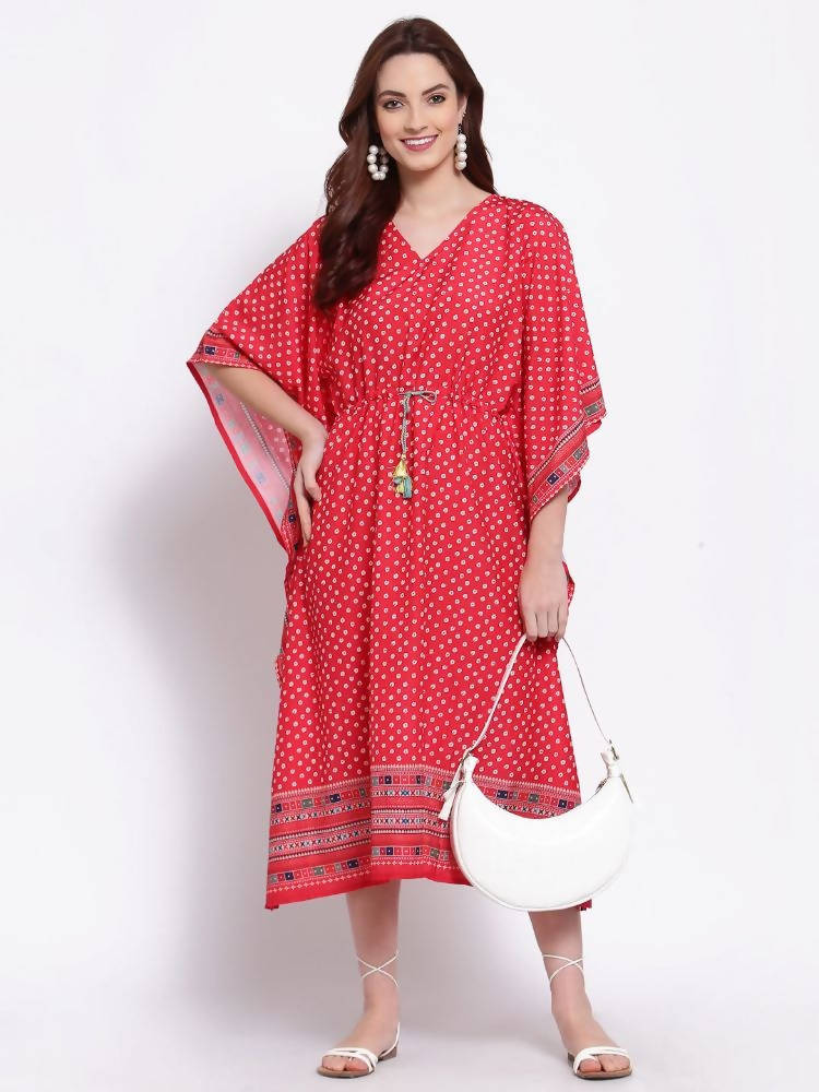 Myshka Women's Red Printed Cotton Blend 3/4 Sleeve V Neck Casual Dress | Grab2Buy