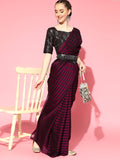 Saree Mall Burgundy Striped Poly Georgette Party Wear Saree with Matching Blouse | Grab2Buy
