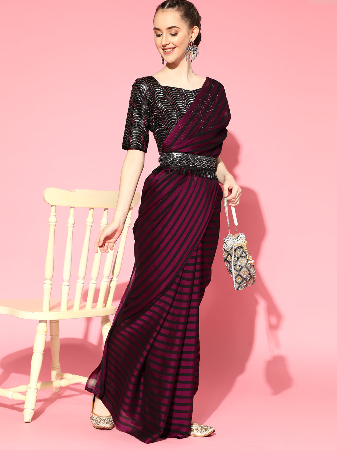 Saree Mall Burgundy Striped Poly Georgette Party Wear Saree with Matching Blouse | Grab2Buy
