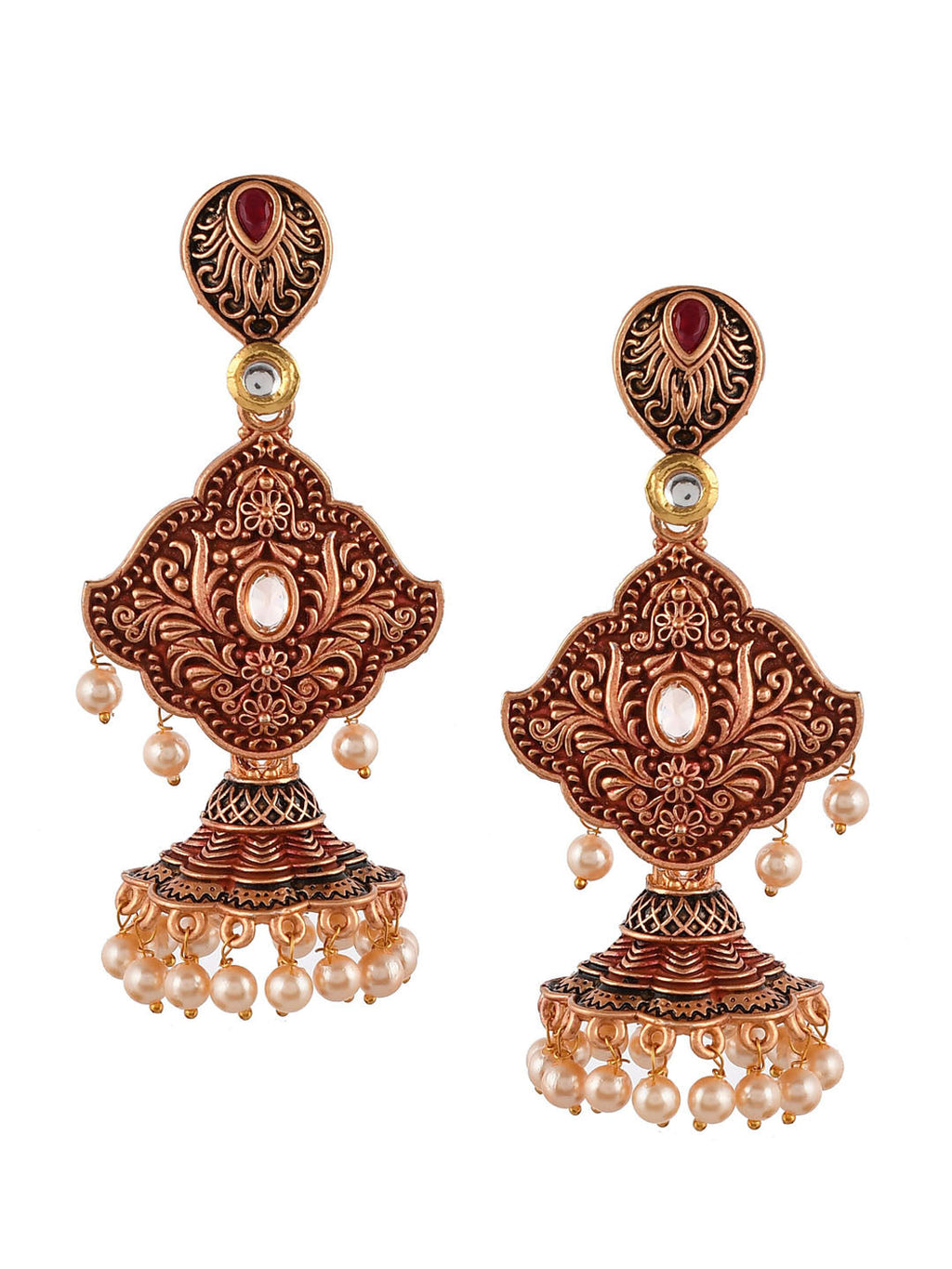 Shoshaa Maroon & Gold-Toned Contemporary Jhumkas Earrings | Grab2Buy