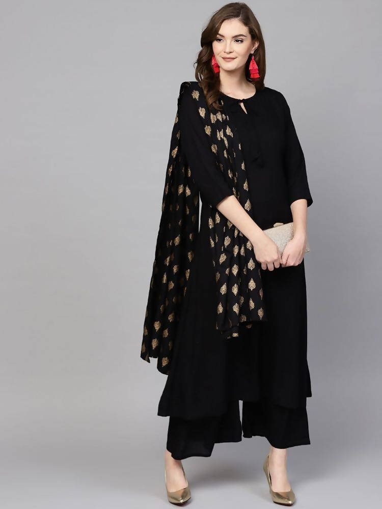 Yufta Women Black Solid Kurta with Palazzo & Dupatta | Grab2Buy