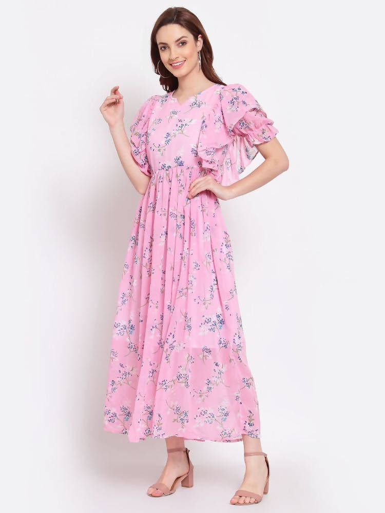Myshka Women's Pink Printed Georgette Half Sleeve Round Neck Casual Dress | Grab2Buy