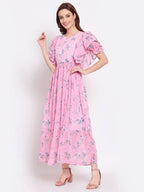 Myshka Women's Pink Printed Georgette Half Sleeve Round Neck Casual Dress | Grab2Buy