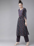 Yufta Women Navy Blue & Pink Ethnic Motifs Printed Pure Cotton Kurta with Trouser | Grab2Buy