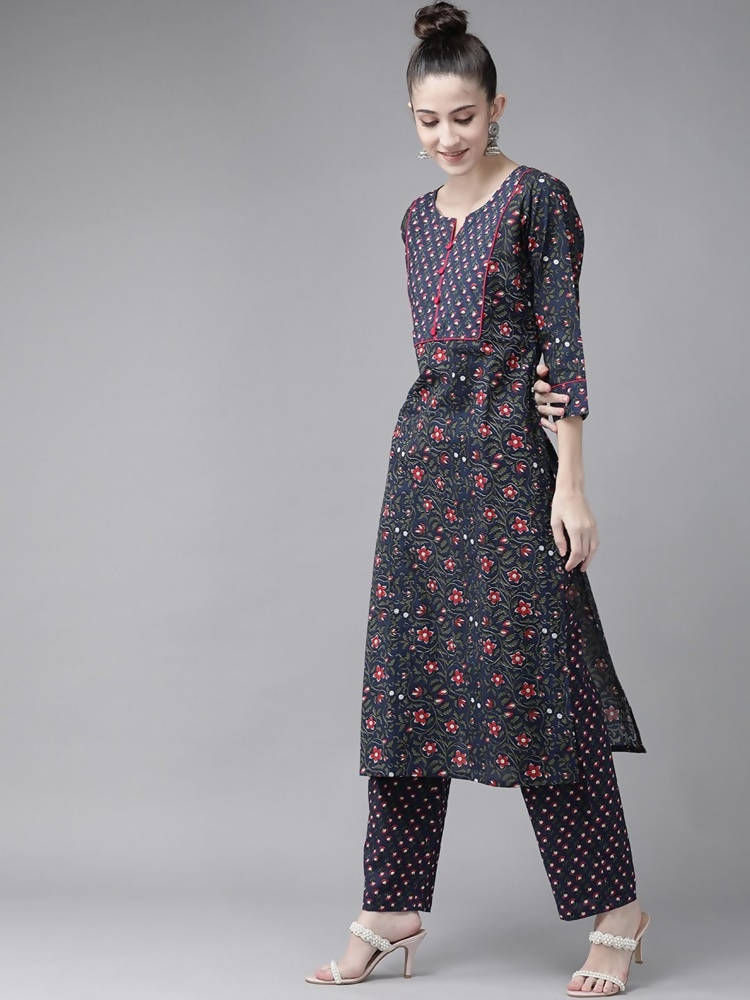 Yufta Women Navy Blue & Pink Ethnic Motifs Printed Pure Cotton Kurta with Trouser | Grab2Buy
