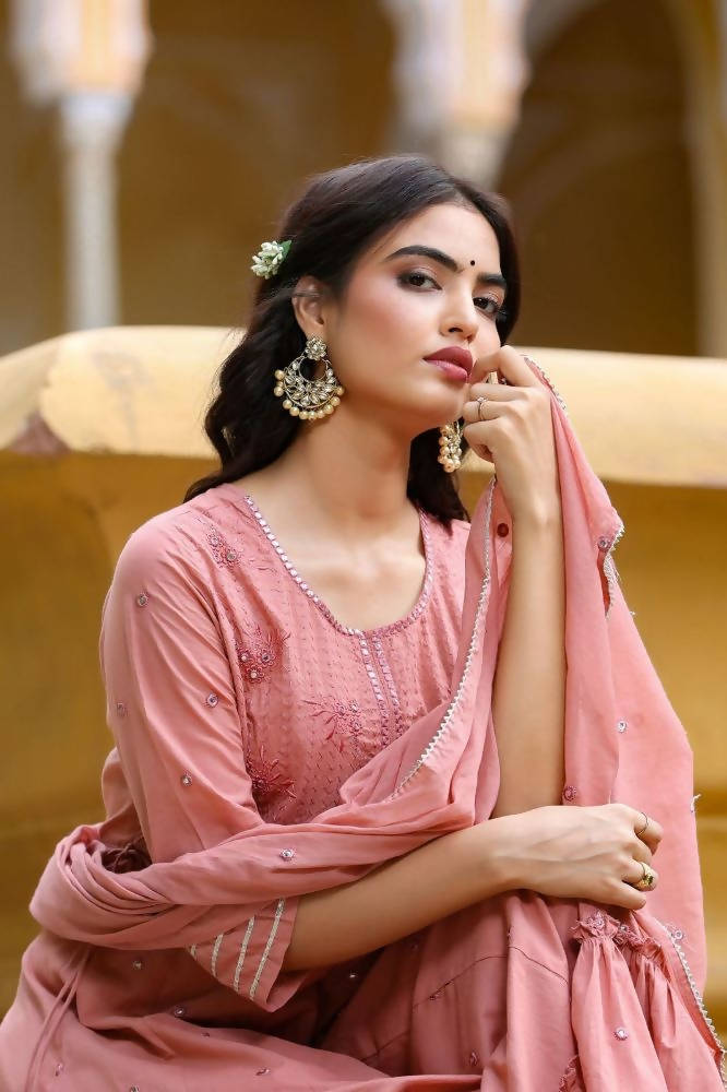Yufta Women's Pink Tiered Embroidered Kurta with Trouser and Dupatta | Grab2Buy
