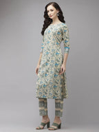 Yufta Women Beige Floral Printed Regular Pure Cotton Kurta with Trouser | Grab2Buy