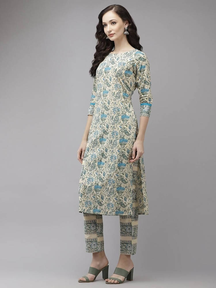 Yufta Women Beige Floral Printed Regular Pure Cotton Kurta with Trouser | Grab2Buy