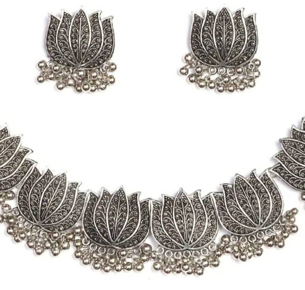 Mominos Fashion Oxidised Lotus Design Silver Color Necklace Choker Set | Grab2Buy