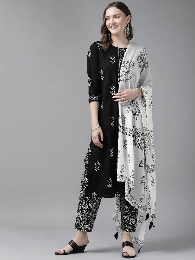 Yufta Women Black & White Ethnic Print Sequined Pure Cotton Kurta with Trouser and Dupatta | Grab2Buy