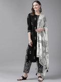 Yufta Women Black & White Ethnic Print Sequined Pure Cotton Kurta with Trouser and Dupatta | Grab2Buy