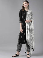 Yufta Women Black & White Ethnic Print Sequined Pure Cotton Kurta with Trouser and Dupatta | Grab2Buy