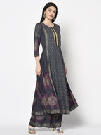 Aniyah Rayon Dark Grey Color Block Print Anarkali Palazzo Set (AN-199K) | Grab2Buy