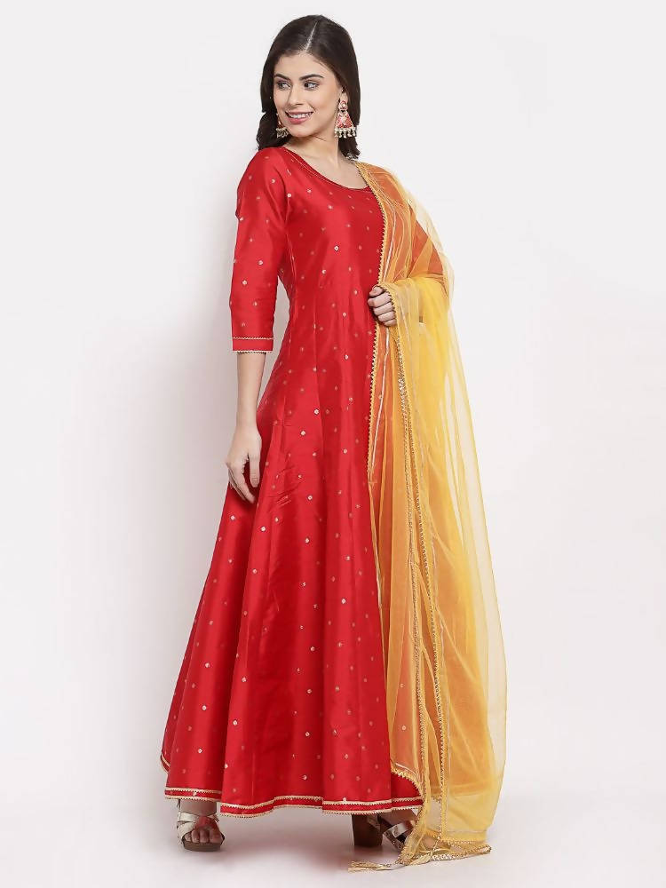 Myshka Women's Red Silk Solid 3/4 Sleeve Round Neck Casual Anarkali Kurta Dupatta Set | Grab2Buy