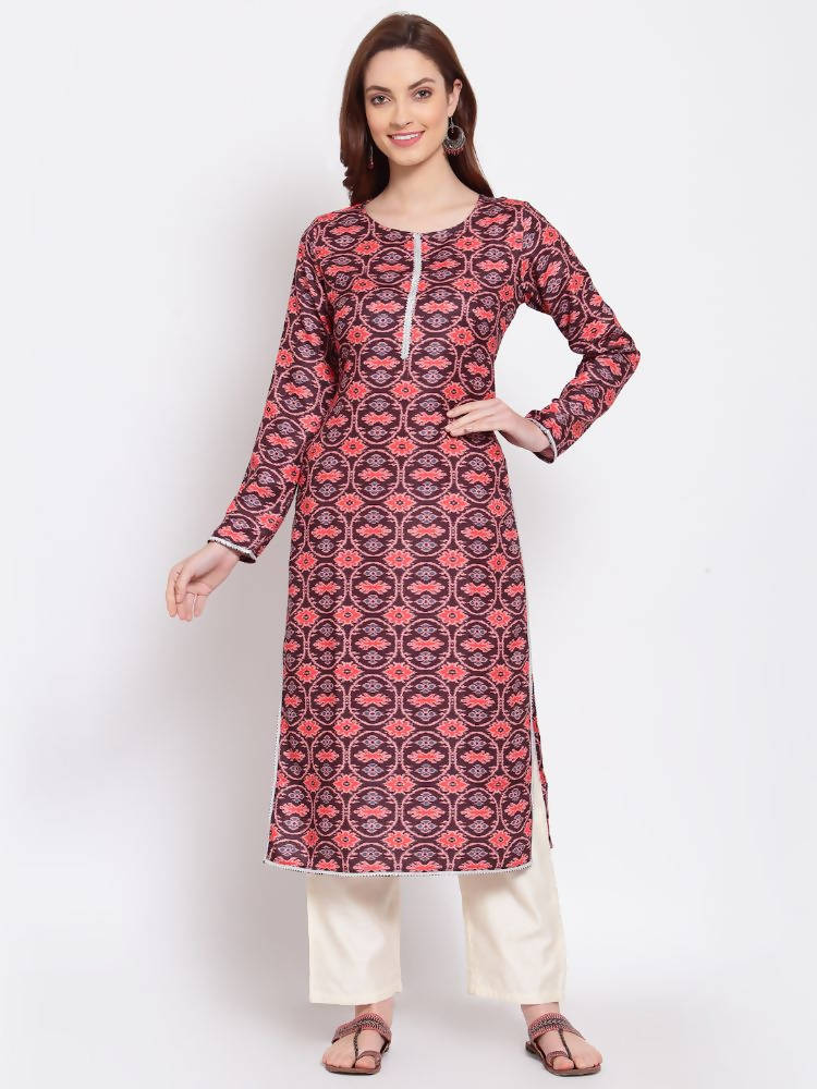 Myshka Women's Multi Printed Pashmeena Full Sleeve Round Neck Casual Winter Kurta | Grab2Buy
