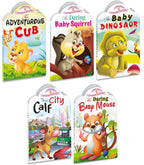 Sawan Set Of 5 Story Books Baby Animals Series (Adventurous Cub,Baby Squirrel,Baby Dinosaur,City Calf & Baby Mouse) [Board Book] Sawan
