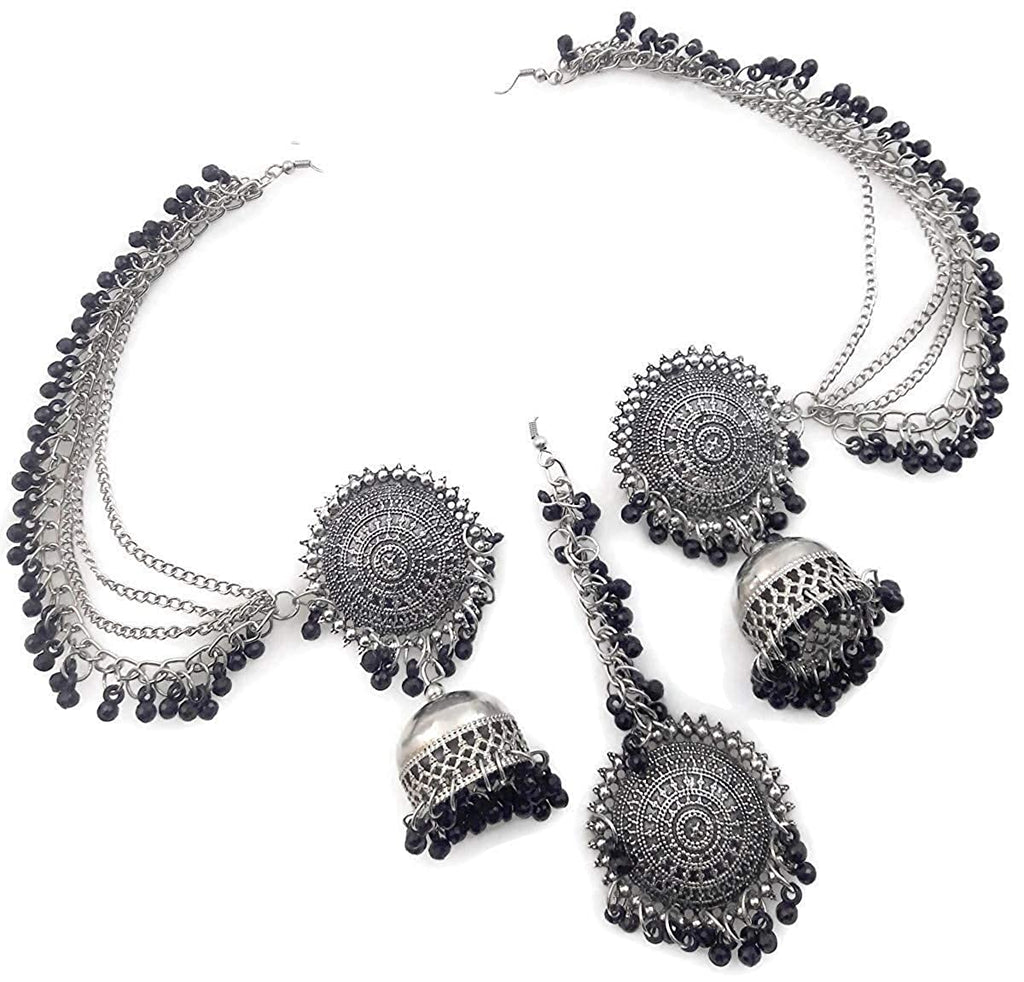 Silver-Plated Alloy Silver Black Earrings With Hair Extension - The Pari | Grab2Buy