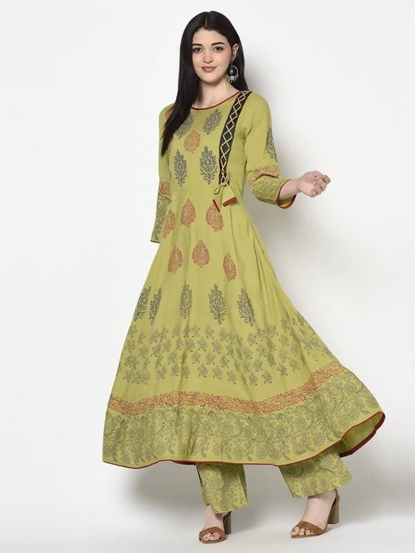 Aniyah Rayon Parrot Green Color Block Print Anarkali Palazzo Set (AN-194K) | Grab2Buy