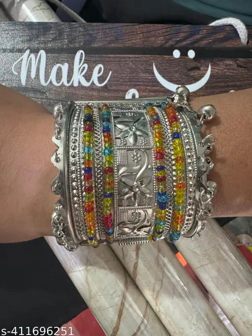 Tehzeeb Creations Women's Silver Colour Oxidised Bangle With Multi Colour Pearl | Grab2Buy