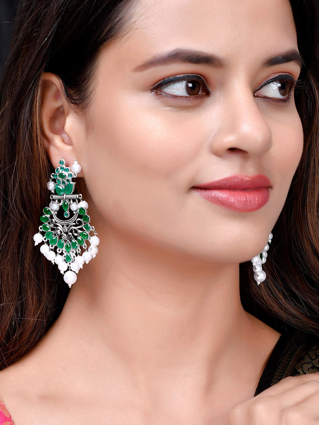 Shoshaa Silver-Plated Green Handcrafted Drop Earrings With Pearl | Grab2Buy