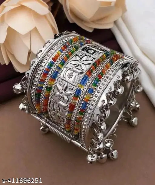 Tehzeeb Creations Women's Silver Colour Oxidised Bangle With Multi Colour Pearl | Grab2Buy