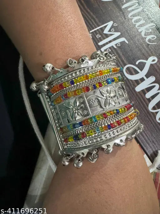 Tehzeeb Creations Women's Silver Colour Oxidised Bangle With Multi Colour Pearl | Grab2Buy