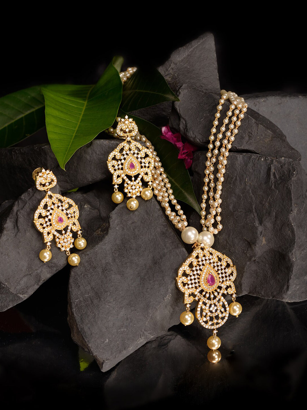 Saraf RS Jewellery Gold-Polished White & Magenta American Diamond Studded Jewellery Set | Grab2Buy
