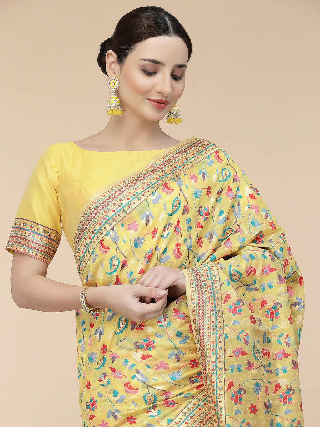 Yellow Silk Blend Woven Design Saree With Unstitched Blouse Piece - Aloki | Grab2Buy