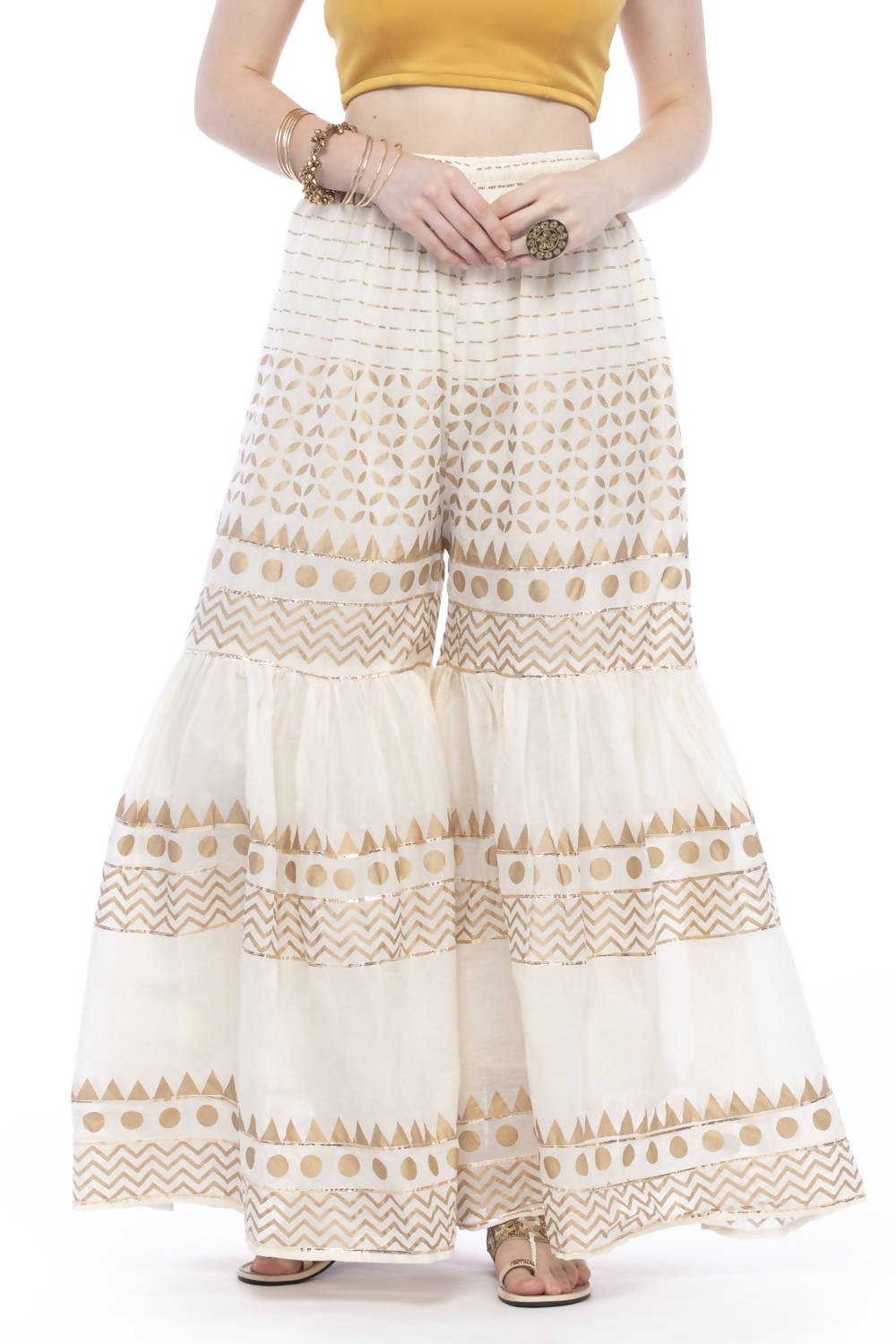 Mominos Fashion Cotton Off White Gold Print With Gota Sharara | Grab2Buy
